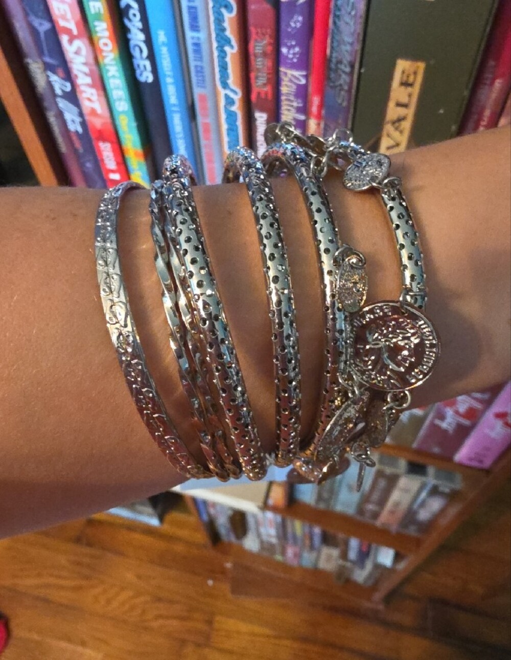 8 Piece Erica Lyons Silver Coin Charm Bangle Bracelet Set